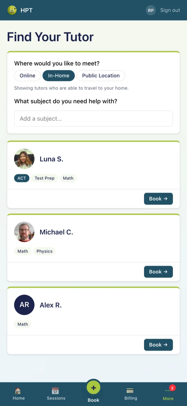 Browsing tutors in the app