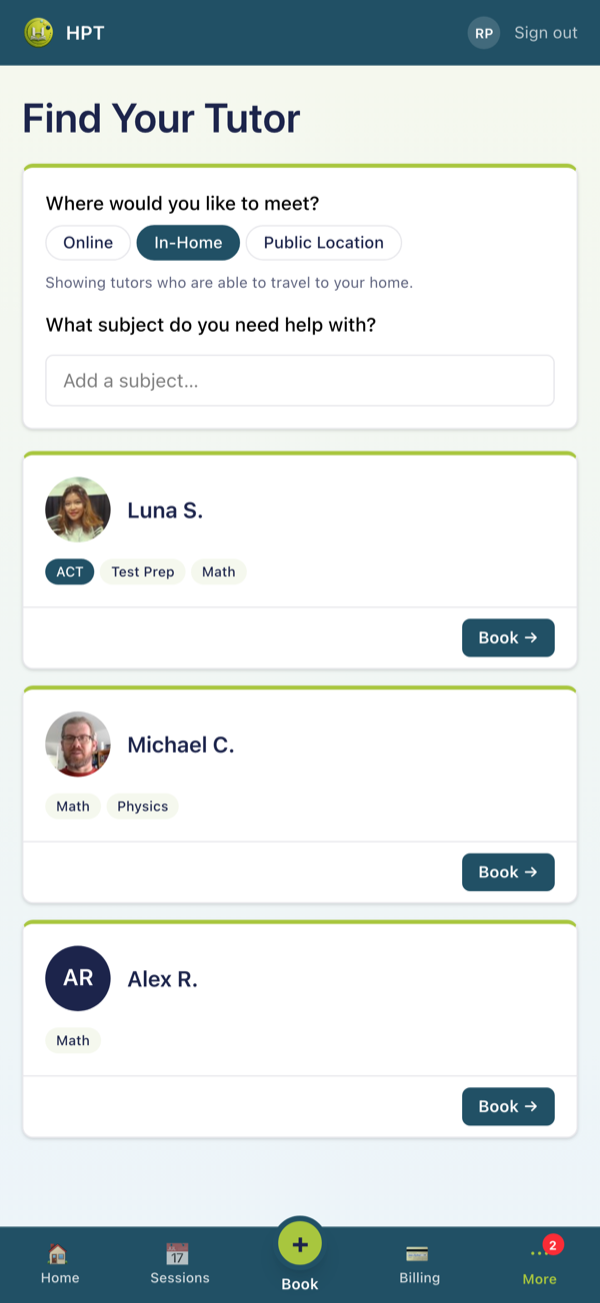 Browsing tutors in the app