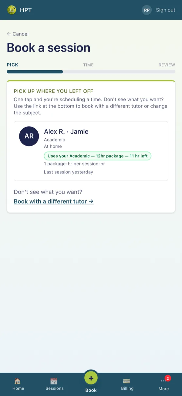 Booking a session in the app
