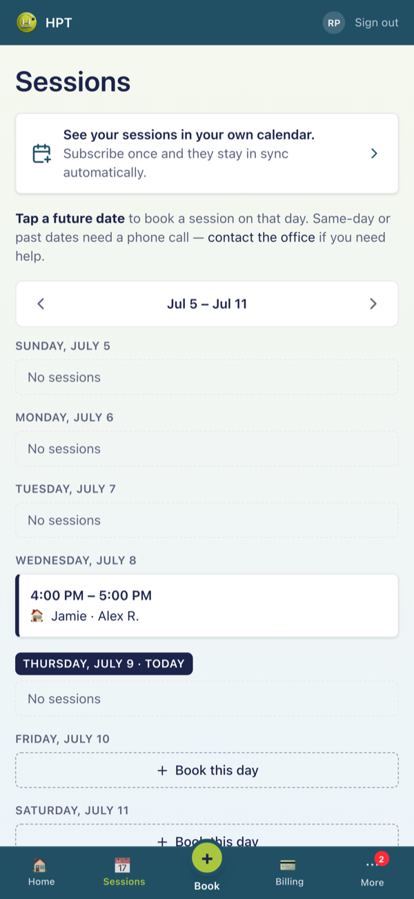 Sessions calendar in the app