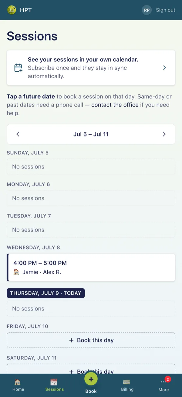 Sessions calendar in the app