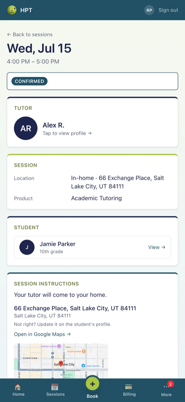 Session detail screen in the app