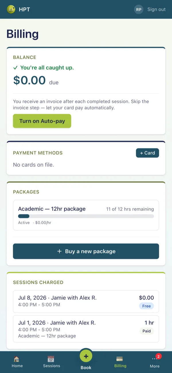 Billing screen in the app