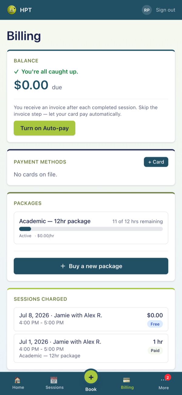 Billing screen in the app