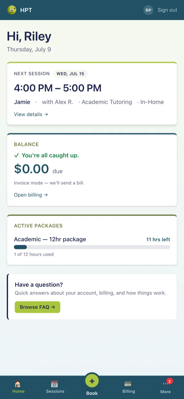 The High Performance Tutoring app home screen on iPhone