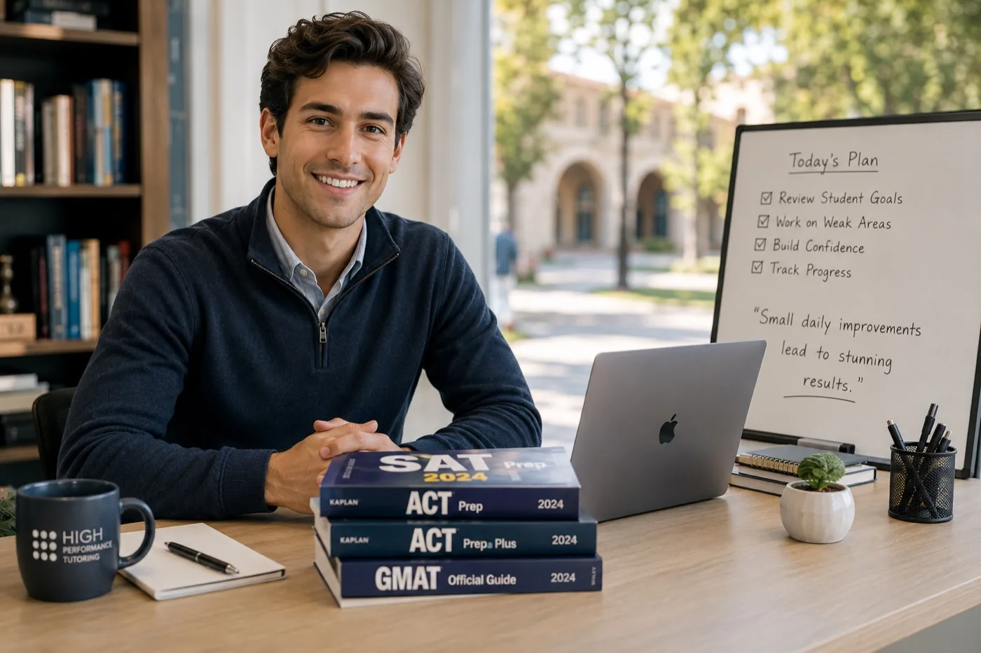 A High Performance Tutoring tutor at their desk with SAT and ACT prep materials