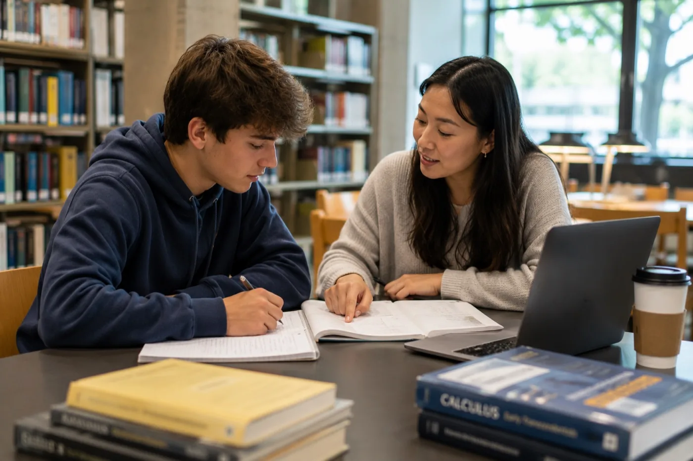 A High Performance tutor and student working through math at a public library